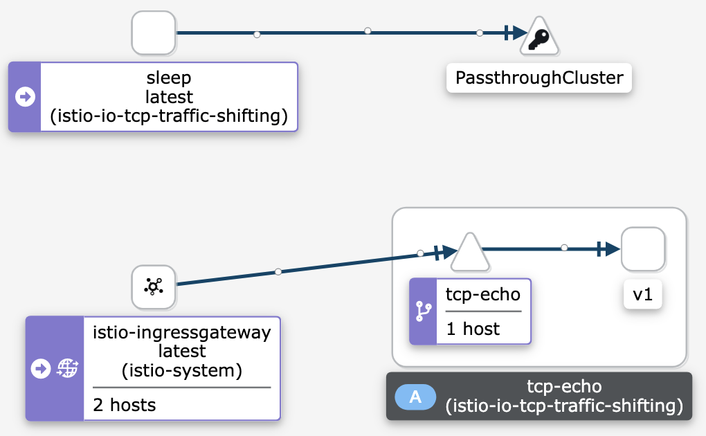 kiali 에 Namespace 를 istio-io-tcp-traffic-shifting 선택